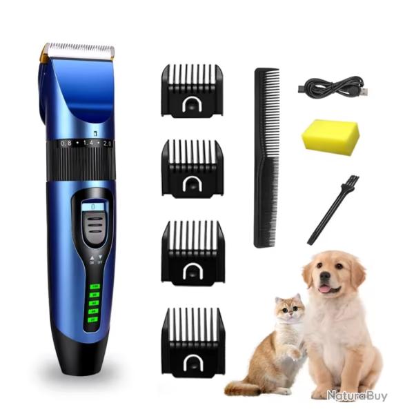 Tondeuse chien chat sans fil rechargeable silencieuse lame titane cramique Bleu