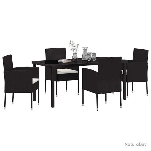 Ensemble de repas de jardin de 5 pi�ces avec coussins en noir poly rotin