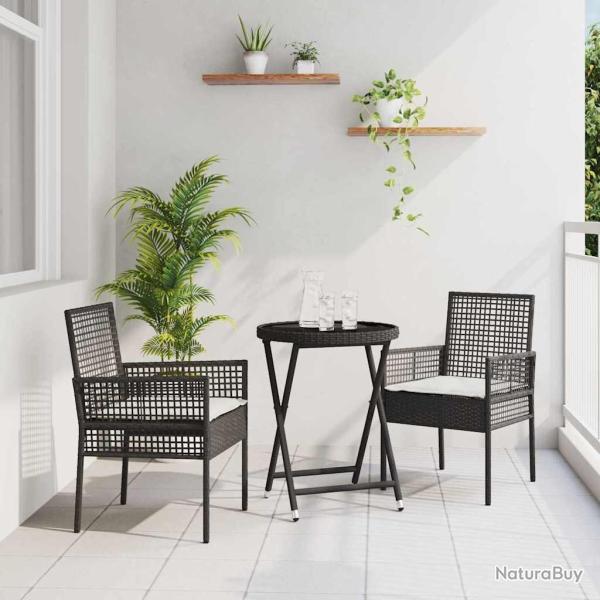 Ensemble de Bistro de Jardin 3 Pi�ces avec Coussins Noir en Poly Rattan