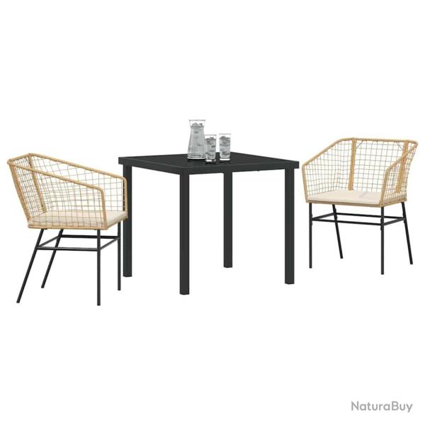 Ensemble de salle � manger de jardin 3 pi�ces avec coussins, en poly rotin marron.