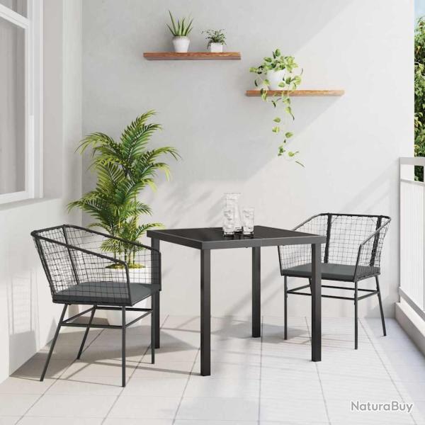 Ensemble de salle � manger de jardin 3 pi�ces avec des coussins en polyrotin noir.