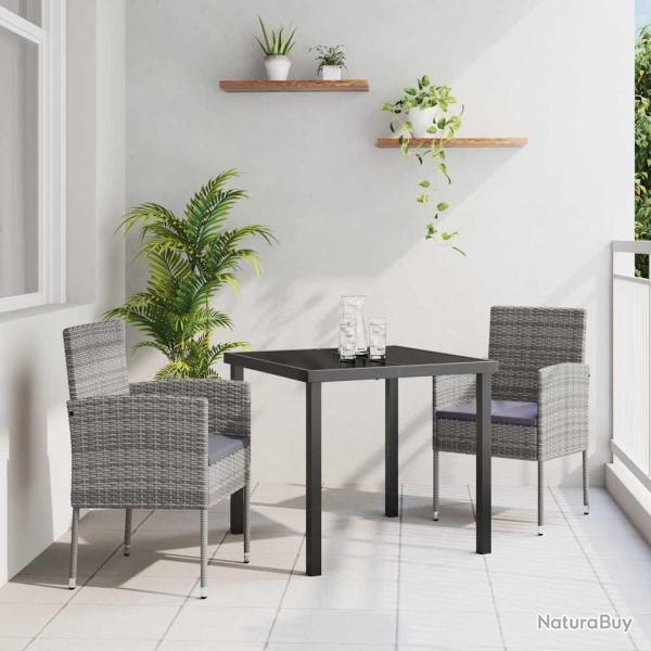 Ensemble de salle � manger de jardin 3 pi�ces avec coussins gris en poly rattan.