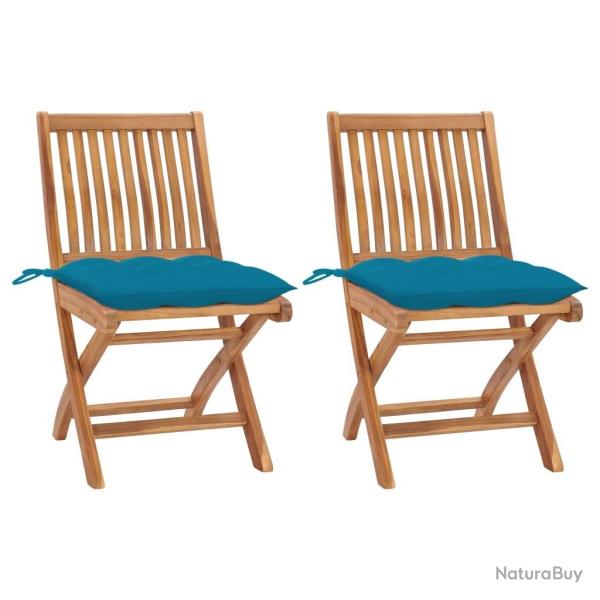 Chaises de jardin lot de 2 avec coussins bleu clair Teck massif