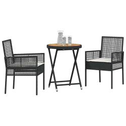 Ensemble Bistro de Jardin 3 pi&egrave;ces avec Coussins en Poly Rattan Noir