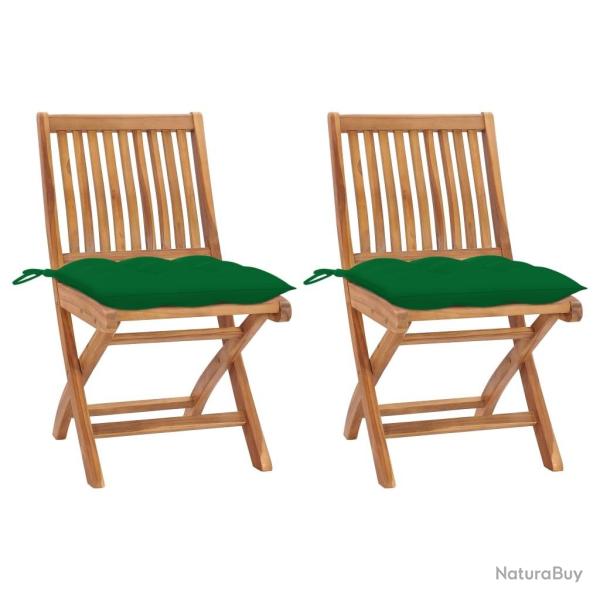 Chaises de jardin lot de 2 et coussins vert Bois de teck massif