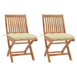 Chaises de jardin lot de 2 et coussins blanc cr&egrave;me Teck massif