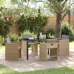 Set de salle &agrave; manger de jardin 5 pi&egrave;ces avec coussins, en poly rotin beige