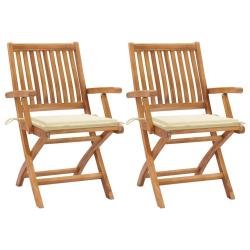 Chaises de jardin lot de 2 et coussins cr&egrave;me Bois teck massif