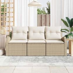Set de canap&eacute; de jardin 3 pi&egrave;ces avec des coussins beige en poly rotin