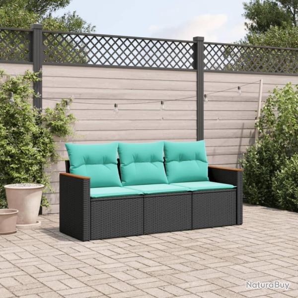 Salon de jardin 3 pcs avec coussins noir r�sine tress�e