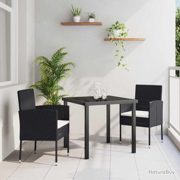 Ensemble de salle � manger de jardin de 3 pi�ces avec coussins - Rattan poly noir.