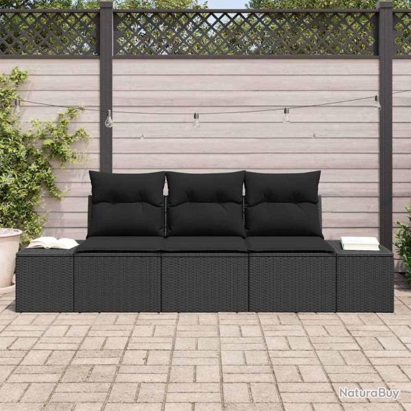 Canap� de jardin 3 pi�ces avec coussins en poly rotin noir