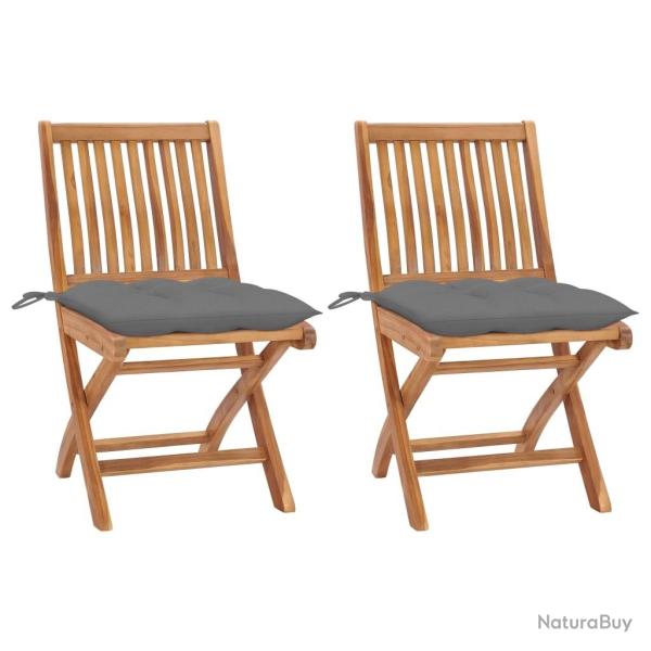 Chaises de jardin lot de 2 et coussins gris Bois de teck massif
