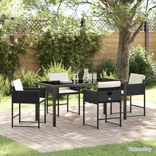 Ensemble de salle � manger de jardin 5 pi�ces avec coussins, en rattan noir et poly.