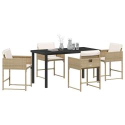 Set de salle &agrave; manger de jardin 5 pi&egrave;ces avec coussins beige en poly rattan