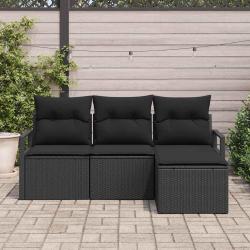 Ensemble de canap&eacute; de jardin 4 pi&egrave;ces avec coussins en poly rattan noir