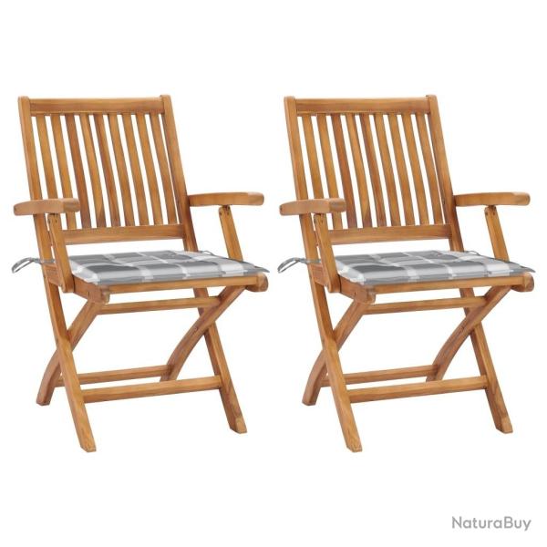 Chaises de jardin lot de 2 avec coussins � carreaux gris Teck