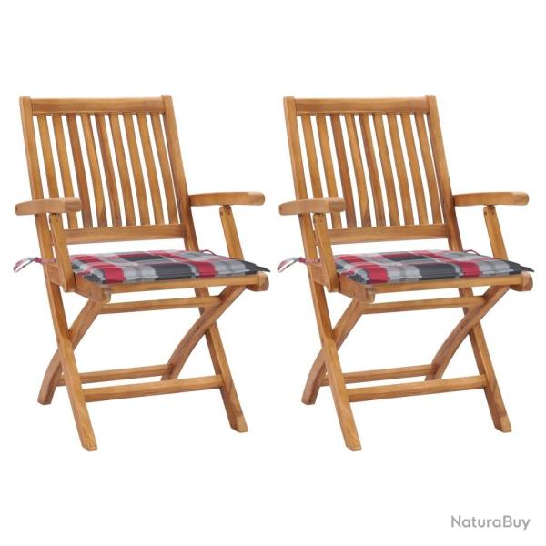 Chaises de jardin lot de 2 avec coussins � carreaux rouge Teck