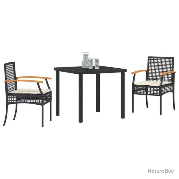 Set de salle � manger de jardin de 3 pi�ces avec coussins en poly rotin noir