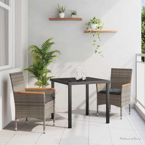 - Ensemble de salle � manger de jardin 3 pi�ces avec coussins gris en poly rotin