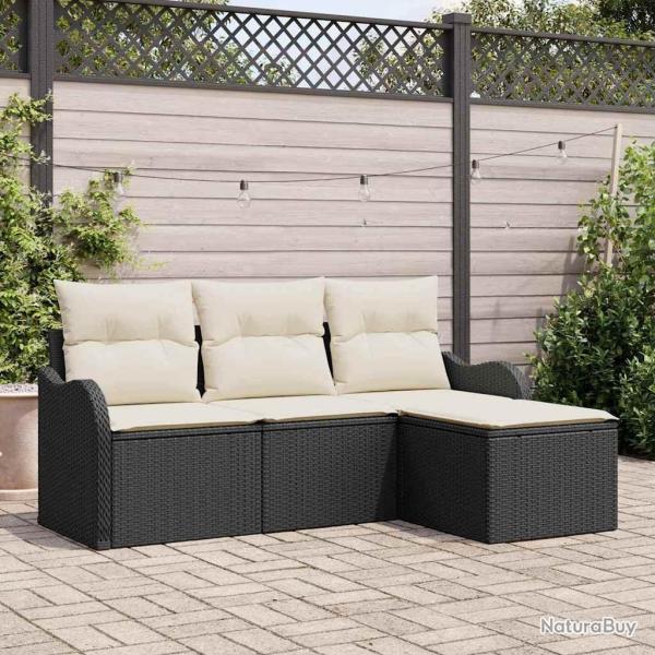 Ensemble de Canap�s de Jardin 4 Pi�ces avec Coussins Noir Rattan Poly