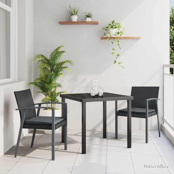 Ensemble de salle � manger de jardin , 3 pi�ces, avec coussins noirs en poly rotin.