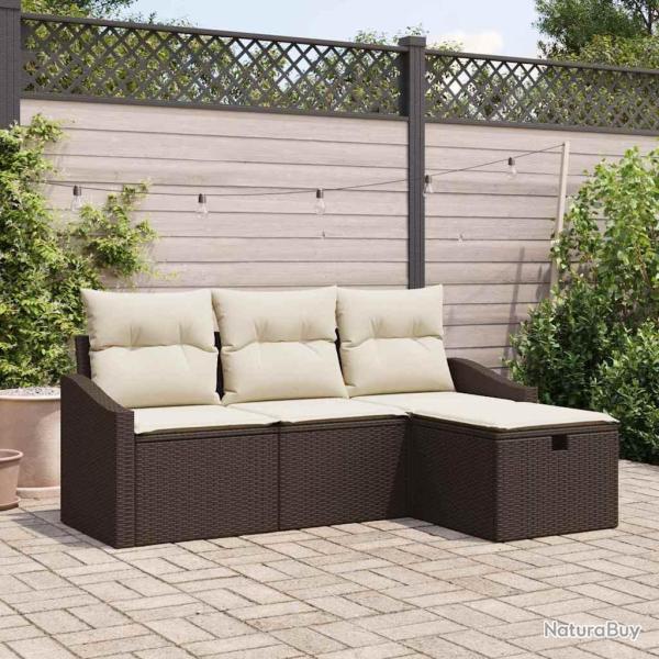 Ensemble de canap�s de jardin , 4 pi�ces, avec coussins marron en rotin synth�tique.