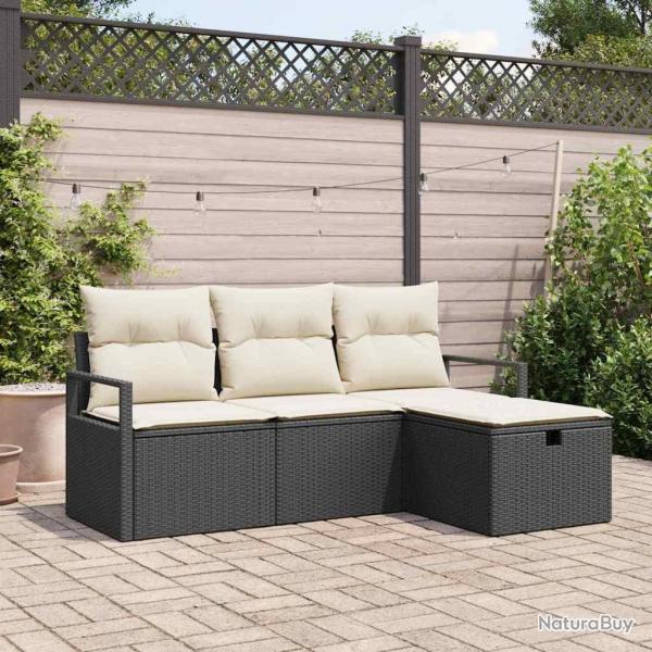 Ensemble de canap�s de jardin 4 pi�ces avec coussins noirs en poly rotin