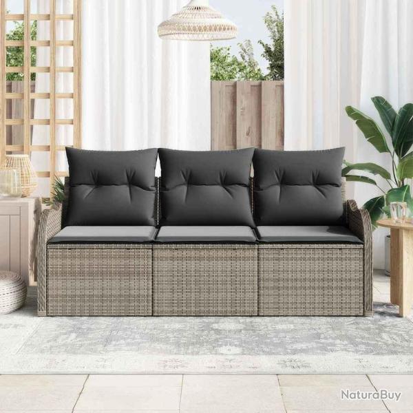 Ensemble de sofa de jardin 3 pi�ces avec coussins gris en poly rattan.
