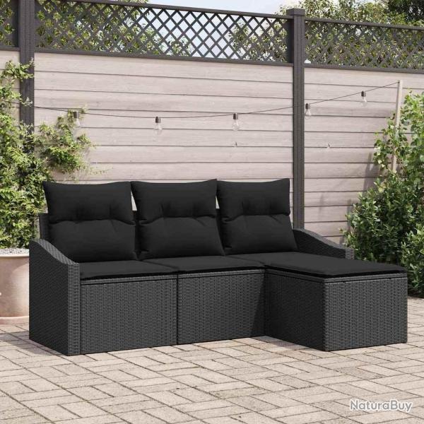 Ensemble de canap� de jardin 4 pi�ces avec coussins Noir Rattan Poly