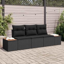 Ensemble de Canap&eacute; de Jardin 3 Pi&egrave;ces avec Coussins Noirs en Poly Rattan et Acacia