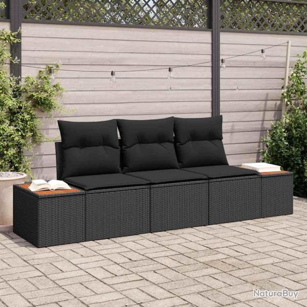 Ensemble de Canap� de Jardin 3 Pi�ces avec Coussins Noirs en Poly Rattan et Acacia