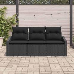 Ensemble de canap&eacute; de jardin 3 pi&egrave;ces avec coussins en poly rattan noir