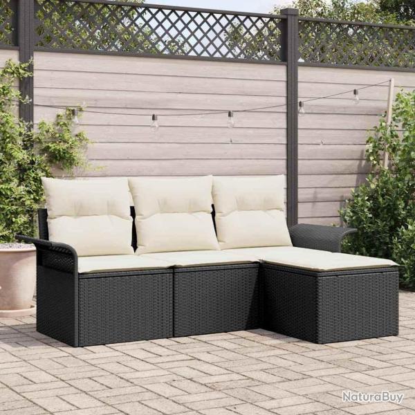Ensemble de canap� de jardin 4 pi�ces avec coussins Noir Poly Rattan