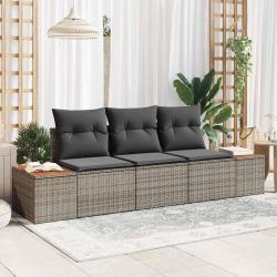 Ensemble de 3 Canap&eacute;s de Jardin avec Coussins Gris Poly Rattan Acacia