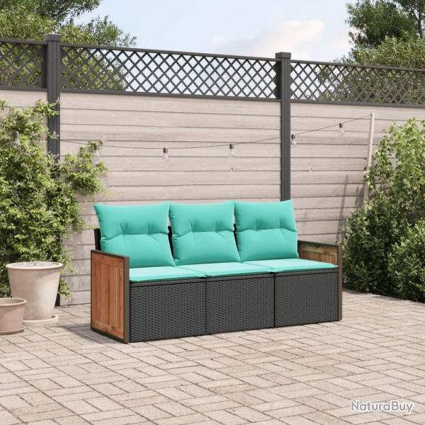 Salon de jardin 3 pcs avec coussins noir r�sine tress�e