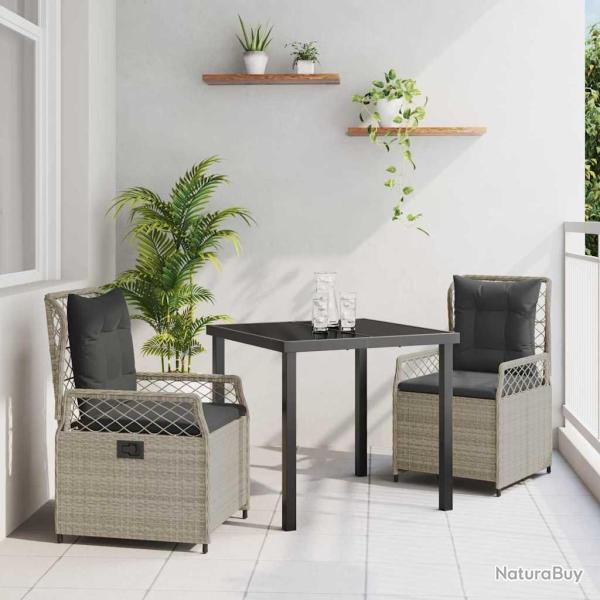 Ensemble de salle � manger de jardin 3 pi�ces Gris clair en poly rotin.