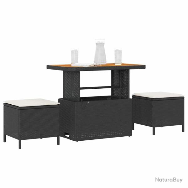 Ensemble de salle � manger de jardin de 3 pi�ces avec coussins en poly rotin noir et acacia