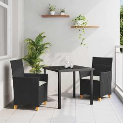 Set de jardin 3 pi&egrave;ces avec des coussins en poly rattan noir.