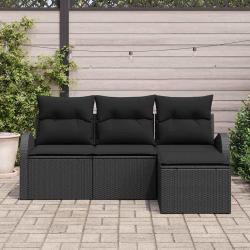 Canap&eacute;s de Jardin 4 Pi&egrave;ces avec Coussins Noirs en Poly Rattan