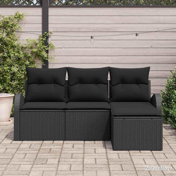 Canap�s de Jardin 4 Pi�ces avec Coussins Noirs en Poly Rattan