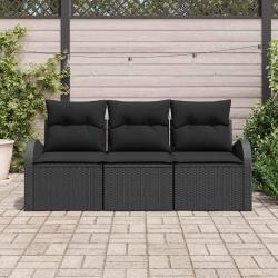 Canap&eacute; de Jardin 3 Pi&egrave;ces avec Coussins Noirs en Rattan Synth&eacute;tique