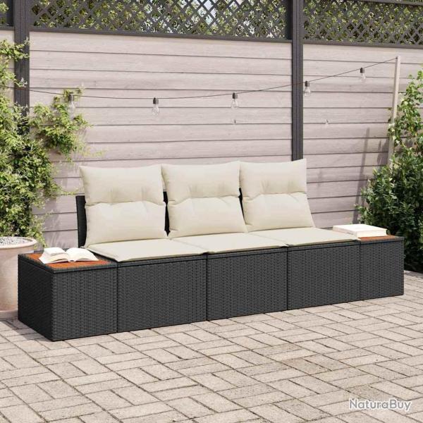 Set de canap� de jardin 3 pi�ces avec coussins en polyrotin noir et bois d'acacia