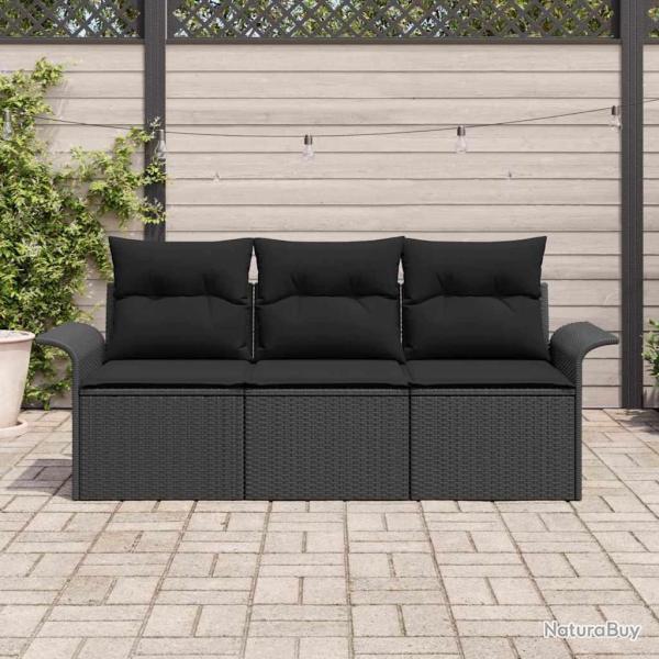 Canap�s de Jardin de 3 Pi�ces avec Coussins Noir Poly Rattan
