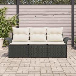 Ensemble de Canap&eacute; de Jardin 3 Pi&egrave;ces avec Coussins Noir Poly Rattan