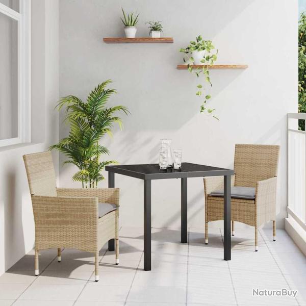 Ensemble de Dner de Jardin 3 Pices avec Coussins Beige en Poly Rattan.