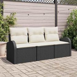 Ensemble de canap&eacute; de jardin 3 pi&egrave;ces avec coussins noir poly rotin