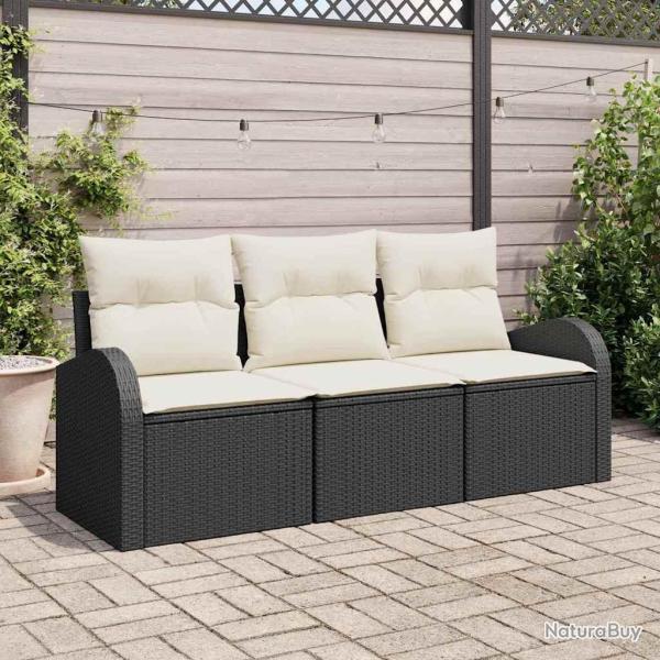 Ensemble de canap de jardin 3 pices avec coussins noir poly rotin