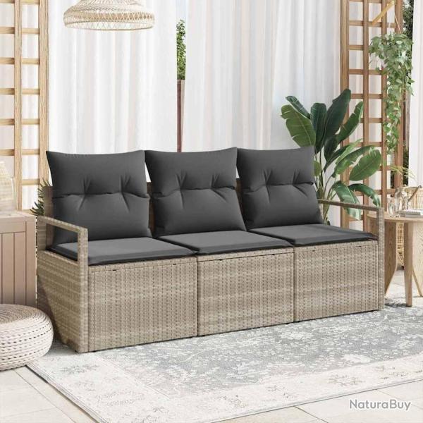 Ensemble de canap de jardin 3 pices avec des coussins en poly rattan gris clair