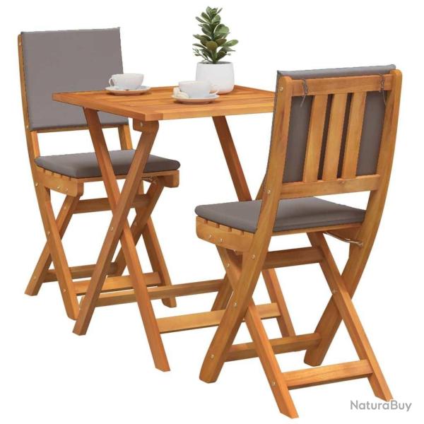 Ensemble de bistro pliant 3 pi�ces avec coussins, bois d'acacia massif